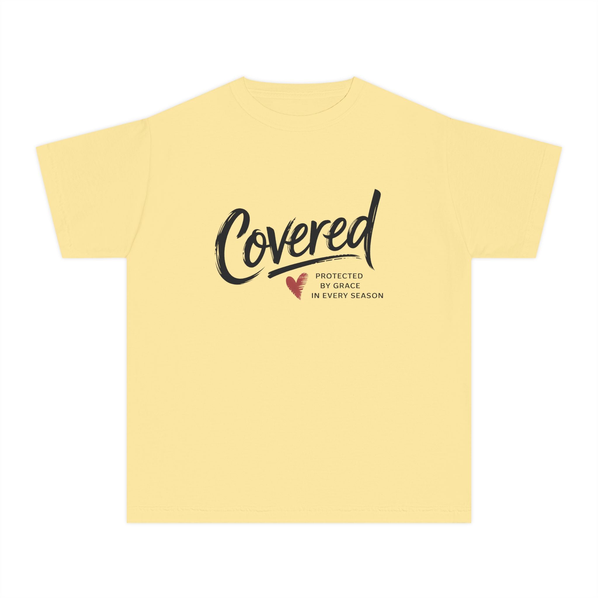 Covered Youth Tee - 'Covered' Script with Heart Inspirational Kids T-Shirt