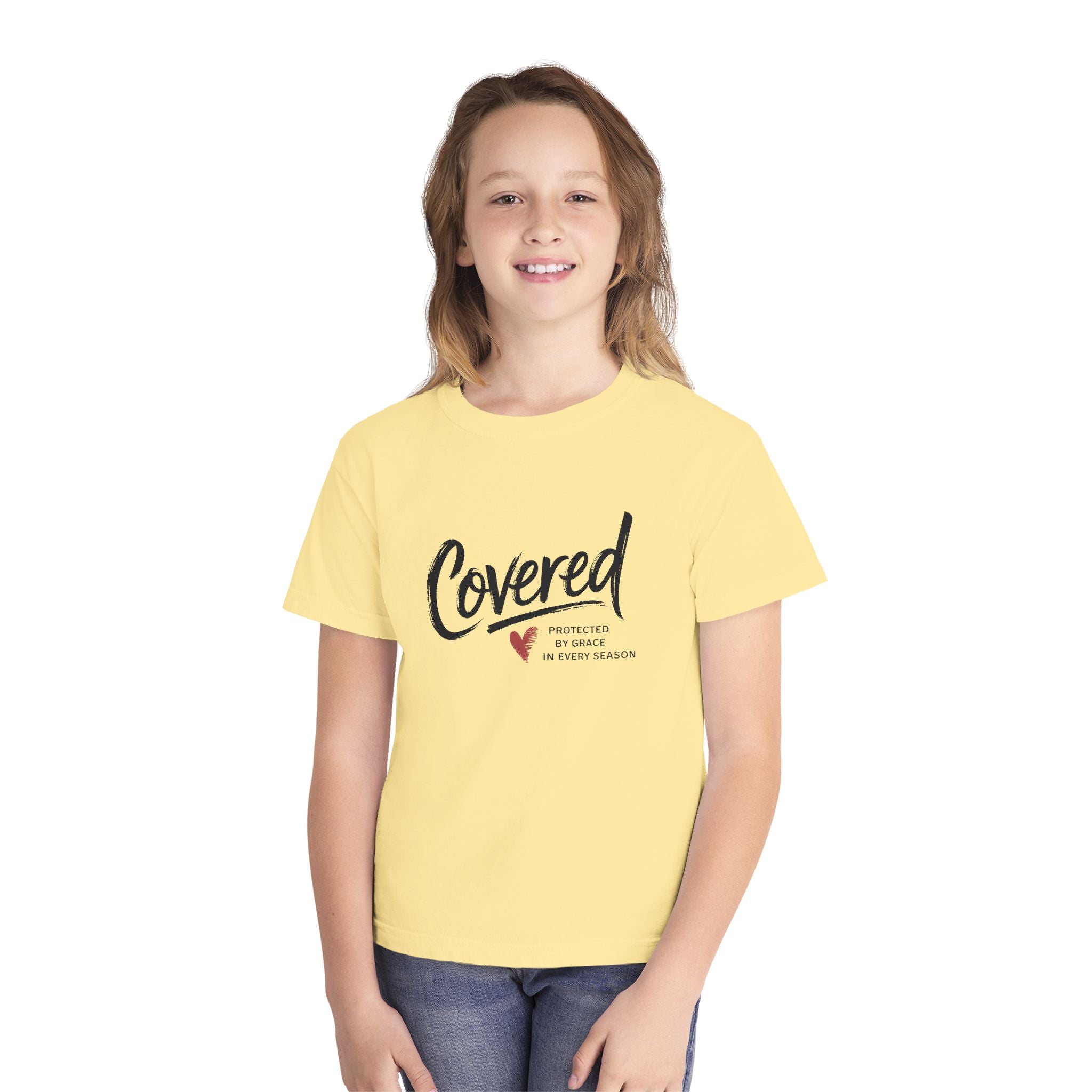 Covered Youth Tee - 'Covered' Script with Heart Inspirational Kids T-Shirt