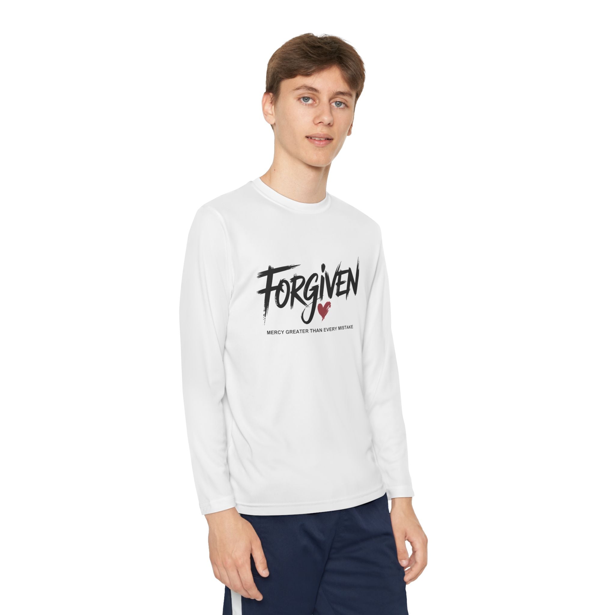 Forgiven Youth Long Sleeve Tee – Christian Faith Shirt with Heart Graphic