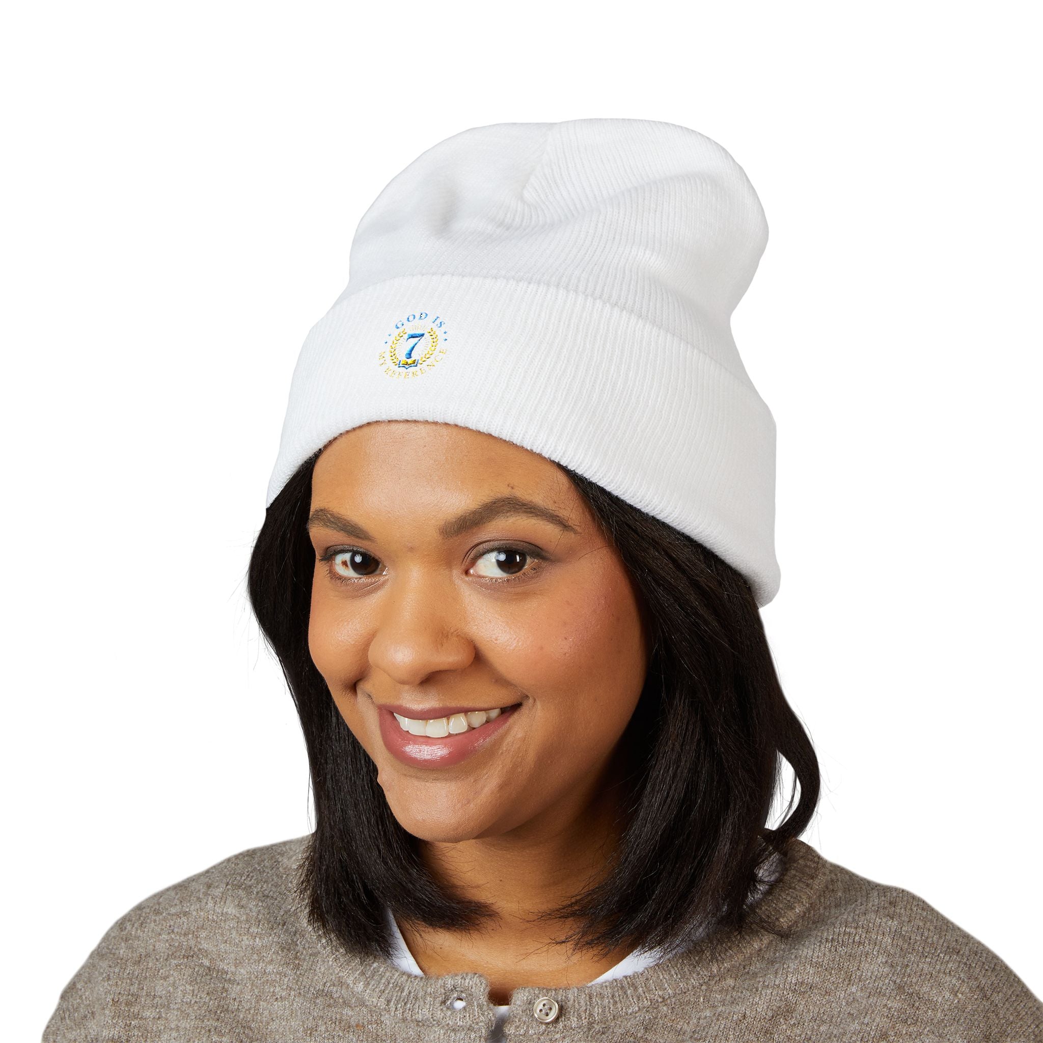 Embroidered "7" Floral Cuffed Beanie — Cute Pastel Birthday Knit Hat